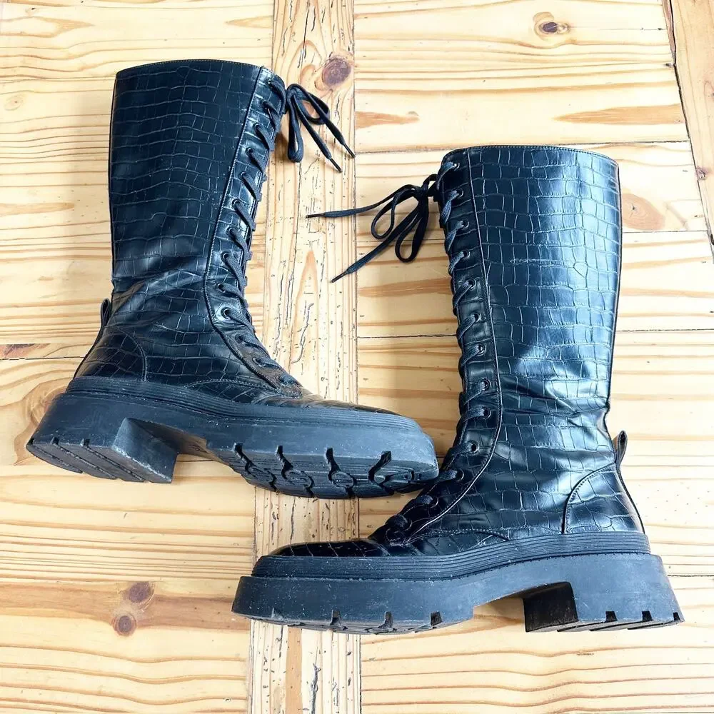 Zara Black Croc Embossed Combat Boots Platform Lug Sole Lace Up EU 39 US 8 - Picture 8 of 12
